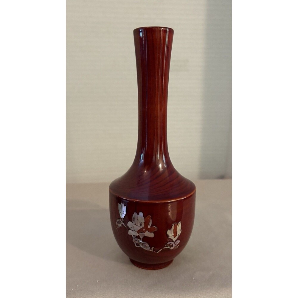 Very Nice Vintage Wood Vase With Mother Of Pearl Inlay